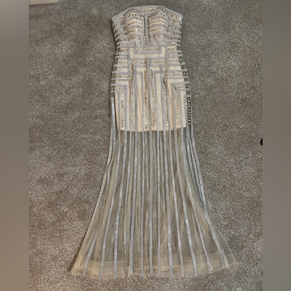 Jasz Couture Elegant Strapless Silver and White Dress